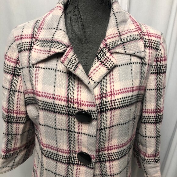 Mac and Jac Trench Coat Womens Size Large Pink Black Plaid Lined Midi Jacket - Picture 2 of 7